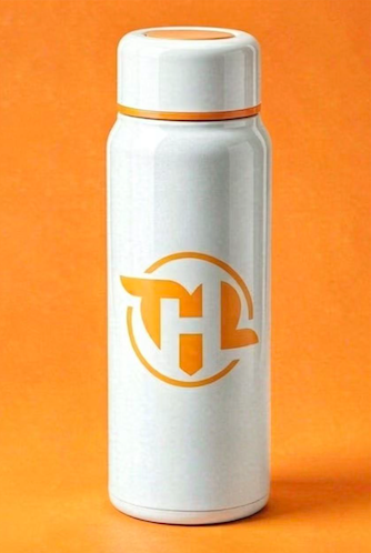 THL 316 premium stainless steel thermos flask, white and orange minimalist design, unisex, long-lasting hot and cold insulation, suitable for gifting or personal use.
