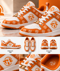 Orange & White Monogram Low-Top Sneakers – Luxury-Inspired Casual Streetwear Shoes