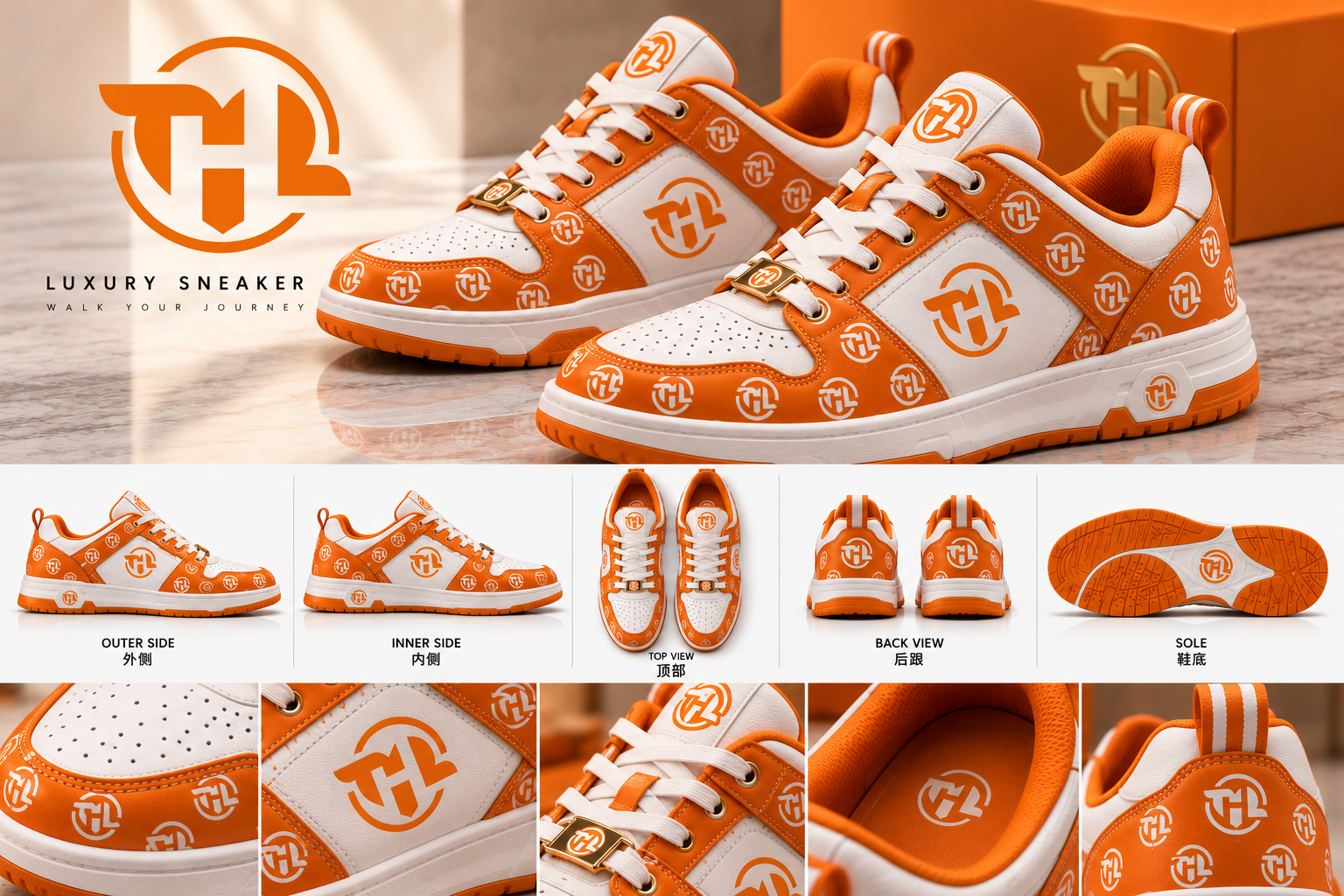 Orange & White Monogram Low-Top Sneakers – Luxury-Inspired Casual Streetwear Shoes