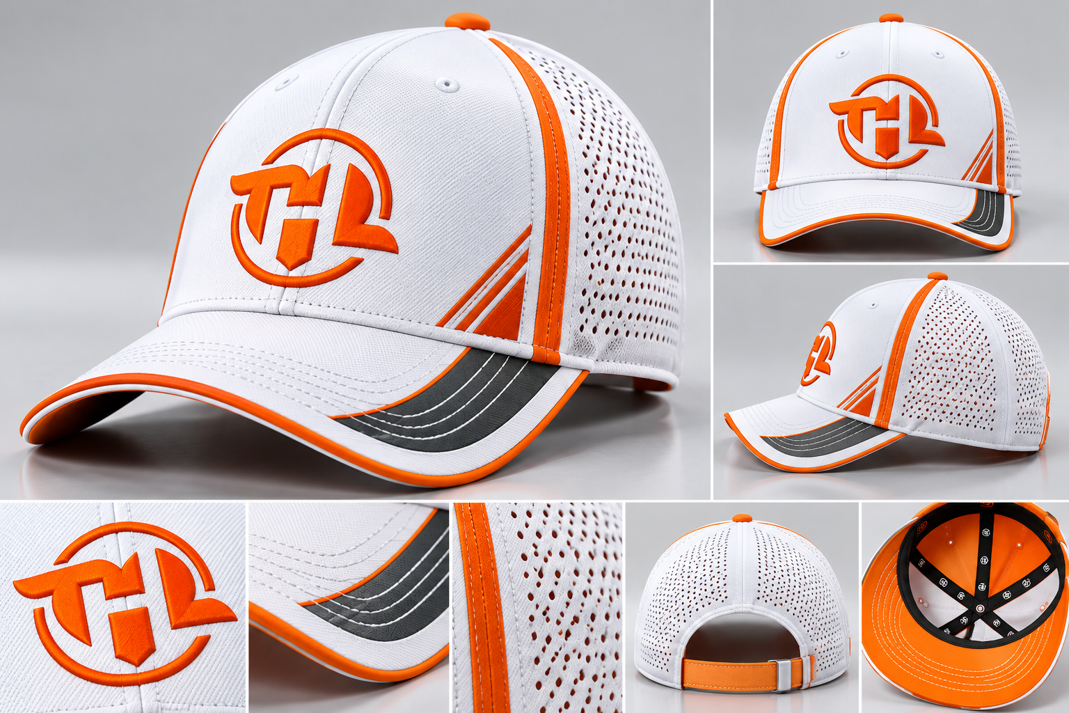 Premium Orange & White Embroidered Baseball Cap – Breathable Mesh Sports Hat with Adjustable Strap