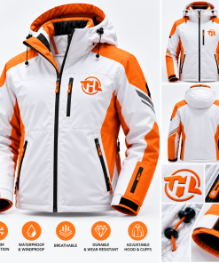 Premium Orange & White Waterproof Winter Jacket – Insulated Windproof Hooded Outdoor Coat