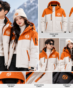 Orange & White Unisex Winter Puffer Jacket – Waterproof Hooded Insulated Coat for Men & Women