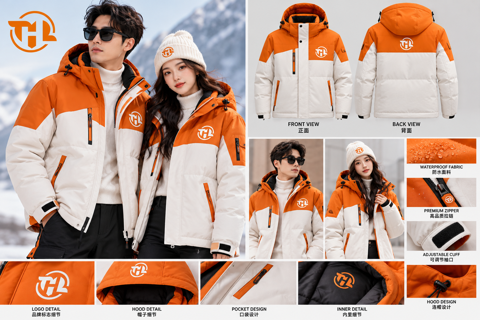 Orange & White Unisex Winter Puffer Jacket – Waterproof Hooded Insulated Coat for Men & Women